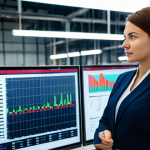A professional female analyst in a modest business suit, standing in a modern, well-lit factory control room. She is observing a large, interactive digital dashboard that displays vibrant, clear graphs and charts representing production Key Performance Indicators (KPIs) such as Overall Equipment Effectiveness (OEE) and real-time quality control metrics. The background subtly reveals a clean, highly automated factory floor through a large window, emphasizing efficient, data-driven decision-making. Fully clothed, appropriate attire, safe for work, perfect anatomy, correct proportions, natural pose, well-formed hands, proper finger count, professional photography, high quality, family-friendly.