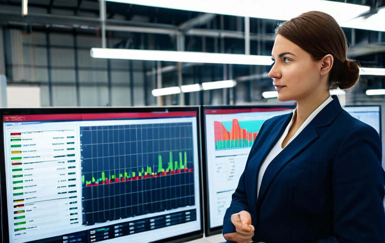 A professional female analyst in a modest business suit, standing in a modern, well-lit factory control room. She is observing a large, interactive digital dashboard that displays vibrant, clear graphs and charts representing production Key Performance Indicators (KPIs) such as Overall Equipment Effectiveness (OEE) and real-time quality control metrics. The background subtly reveals a clean, highly automated factory floor through a large window, emphasizing efficient, data-driven decision-making. Fully clothed, appropriate attire, safe for work, perfect anatomy, correct proportions, natural pose, well-formed hands, proper finger count, professional photography, high quality, family-friendly.