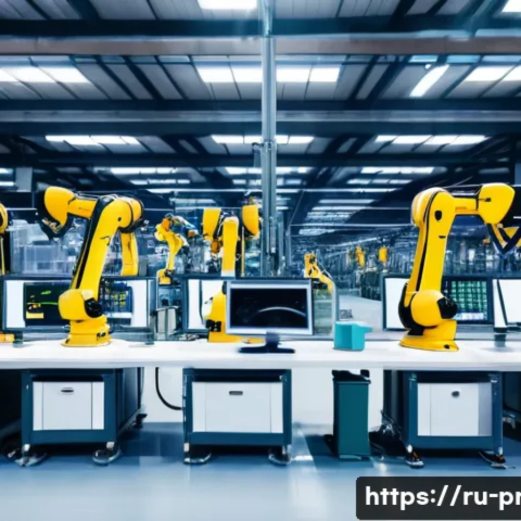 생산관리와 협력업체 관리의 중요성 - A modern industrial factory interior showcasing an advanced automated production line with robotic a...