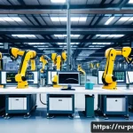 Home 20 생산관리와 협력업체 관리의 중요성 - A modern industrial factory interior showcasing an advanced automated production line with robotic a...