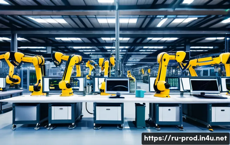 생산관리와 협력업체 관리의 중요성 - A modern industrial factory interior showcasing an advanced automated production line with robotic a...