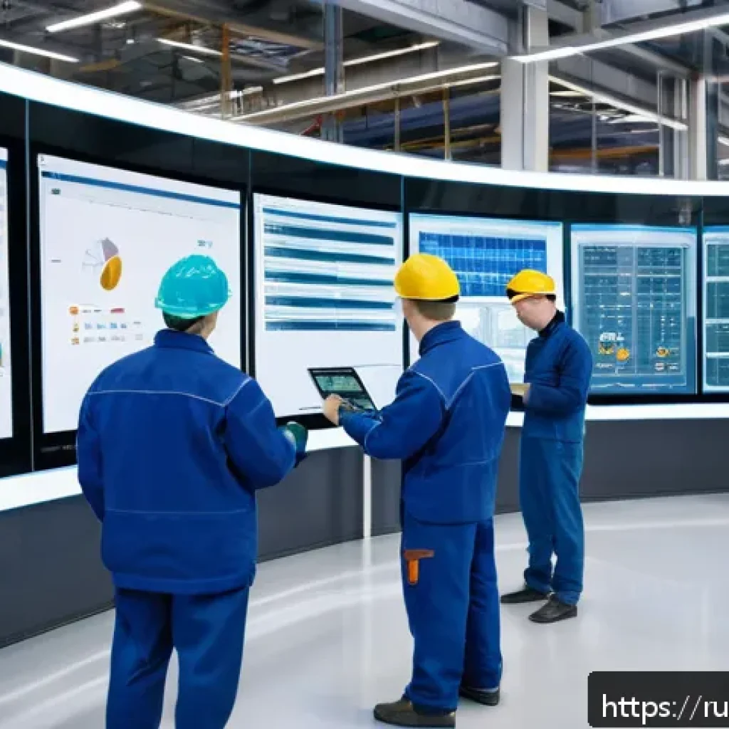 생산관리자가 초보일 때 알아야 할 것들 - A modern Russian manufacturing facility interior with a diverse team of factory workers and managers...