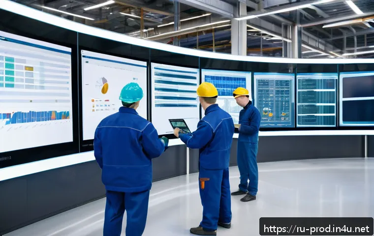 생산관리자가 초보일 때 알아야 할 것들 - A modern Russian manufacturing facility interior with a diverse team of factory workers and managers...