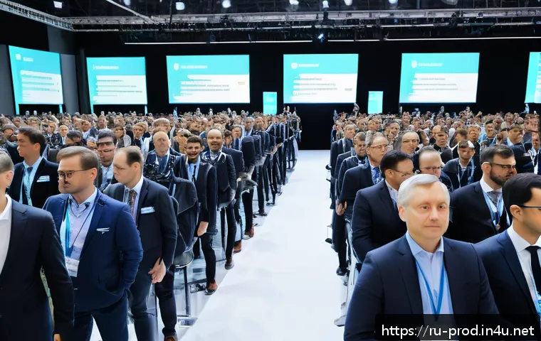 생산관리 실무자를 위한 컨퍼런스 추천 - A modern international manufacturing conference scene in Moscow, March 2024, featuring a diverse gro...