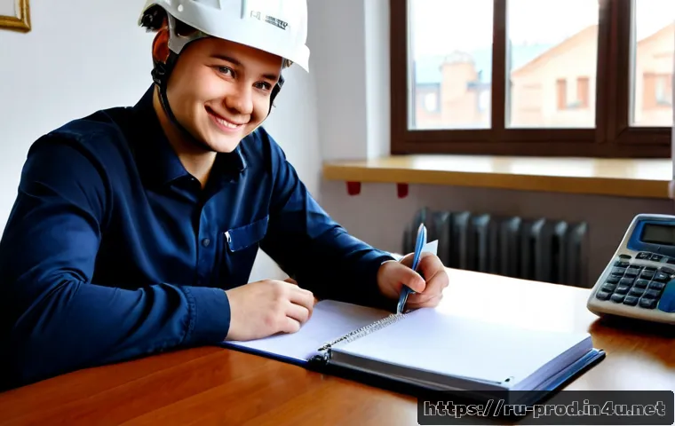 생산관리기사 합격 수기 - Photorealistic young Russian manufacturing engineer at a tidy home desk, smiling with quiet relief w...